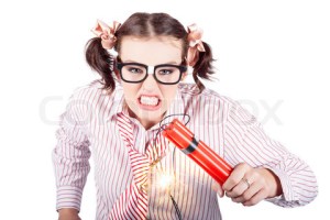 Nerd Business Woman Holding Exploding Time Bomb
